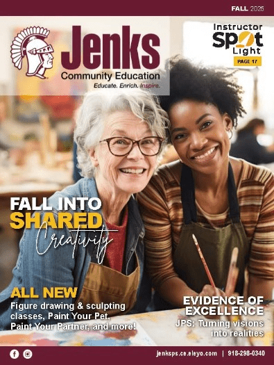 Cover of the Fall 2025 Community Education Brochure. An older white woman and a younger black woman sit side-by-side in an art classroom wearing aprons with artwork in progress on the table.