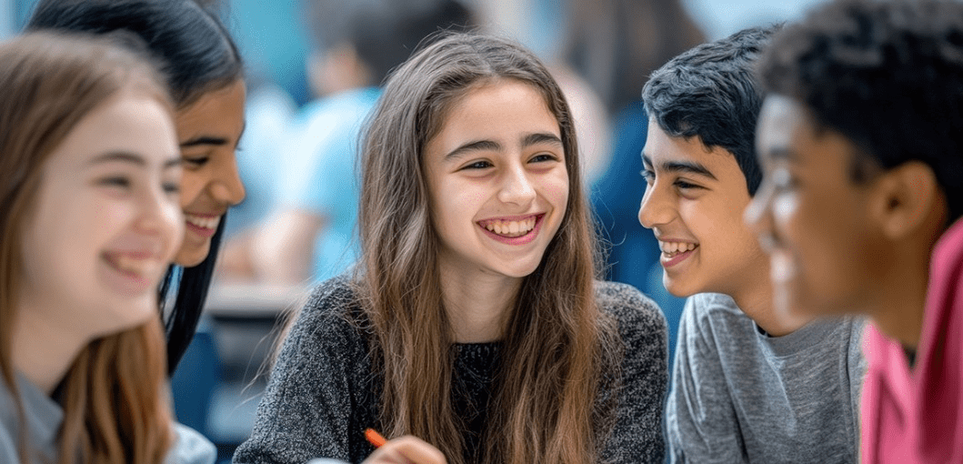 Group of teens smiling in a classroom.