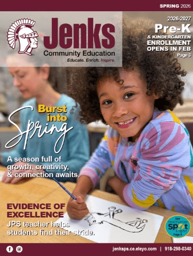 Cover of the Spring 2026 Community Education Brochure. An young black girl is smiling and painting.