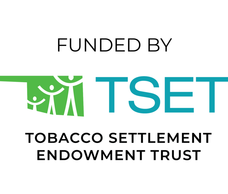 TSET logo. Text reads Funded by TSET Tobacco Settlement Endowment Trust. There is a green Oklahoma graphic with three white stick figures.