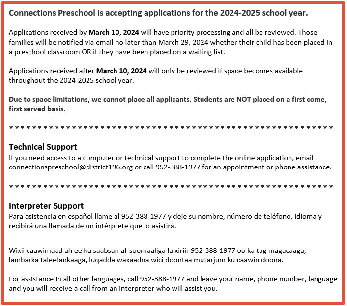 Connections Preschool District 196 Community Education